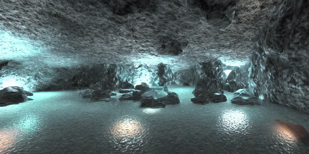 Image similar to cavern underground, crystal, vivid, water, puddles, rocky, minerals, volumetric lighting