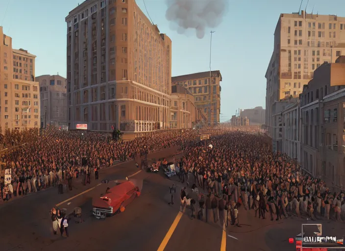 Image similar to crowd of working citizens protests while missles and bombs explode residential buildings, DSLR 35mm, by Edward Hopper and Dan Mumford and WLOP and Greg Rutkovsky, Unreal Engine 5, Lumen, Nanite