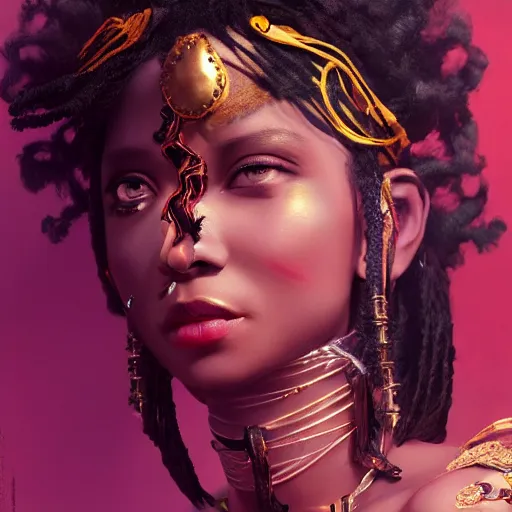 Prompt: the portrait, masked swahili female violinist, exotic costumes, gold jewelry, black dreads hair ， illustration by wenjun lin, irakli nadar, bright colors, octopath traveler, wenjun lin, unreal engine 5 highly rendered, global illumination, radiant light, detailed and intricate environment