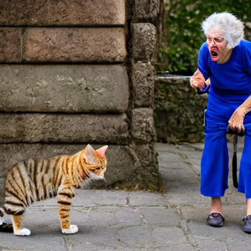 Image similar to elderly woman screaming at a cat, canon eos r 3, f / 1. 4, iso 2 0 0, 1 / 1 6 0 s, 8 k, raw, unedited, symmetrical balance, wide angle