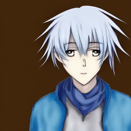 Image similar to anime boy with white hair and blue highlights, drawn by Fungzau