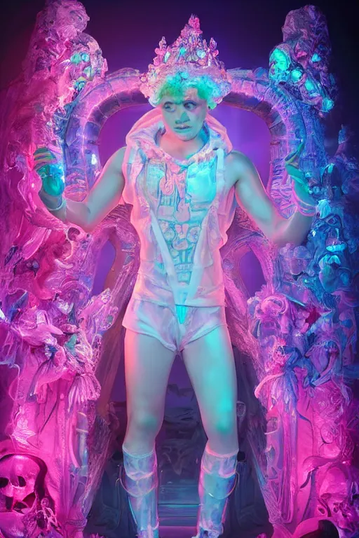 Prompt: full-body rococo and cyberpunk delicate neon crystalline sculpture of ((young muscular albino prince Sean Mendez)) as an iridescent humanoid deity wearing ((peach plastic hooded cloak)) (holding a human skull) in a white castle dungeon, reclining, glowing pink face, crown of (pink lasers), large blue diamonds, swirling black silk fabric. futuristic elements. oozing glowing liquid, full-length view. space robots. intricate artwork by caravaggio. Trending on artstation, octane render, cinematic lighting from the right, hyper realism, octane render, 8k, depth of field, 3D