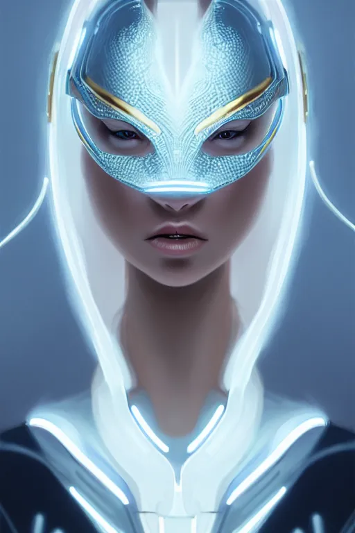 Image similar to detailed portrait glam cyber noun, attractive feminine curves, intricate, scifi, futuristic, elegant cape, elegant, alien room background, white, blue, gold, photorealism, trending on artstation, holy halo, advanced technology, art by moebius and vitaly bulgarov and chanthara