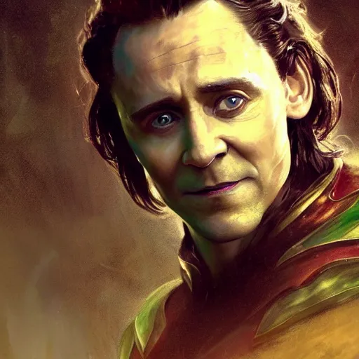 Prompt: tom hiddleston as loki, award winning, paint detailed digital artstation, close up, portrait hd 4 k, by monet and greg rutkowski and gaston bussiere and craig mullins and j. c. leyendecker, hd 1 1. 0