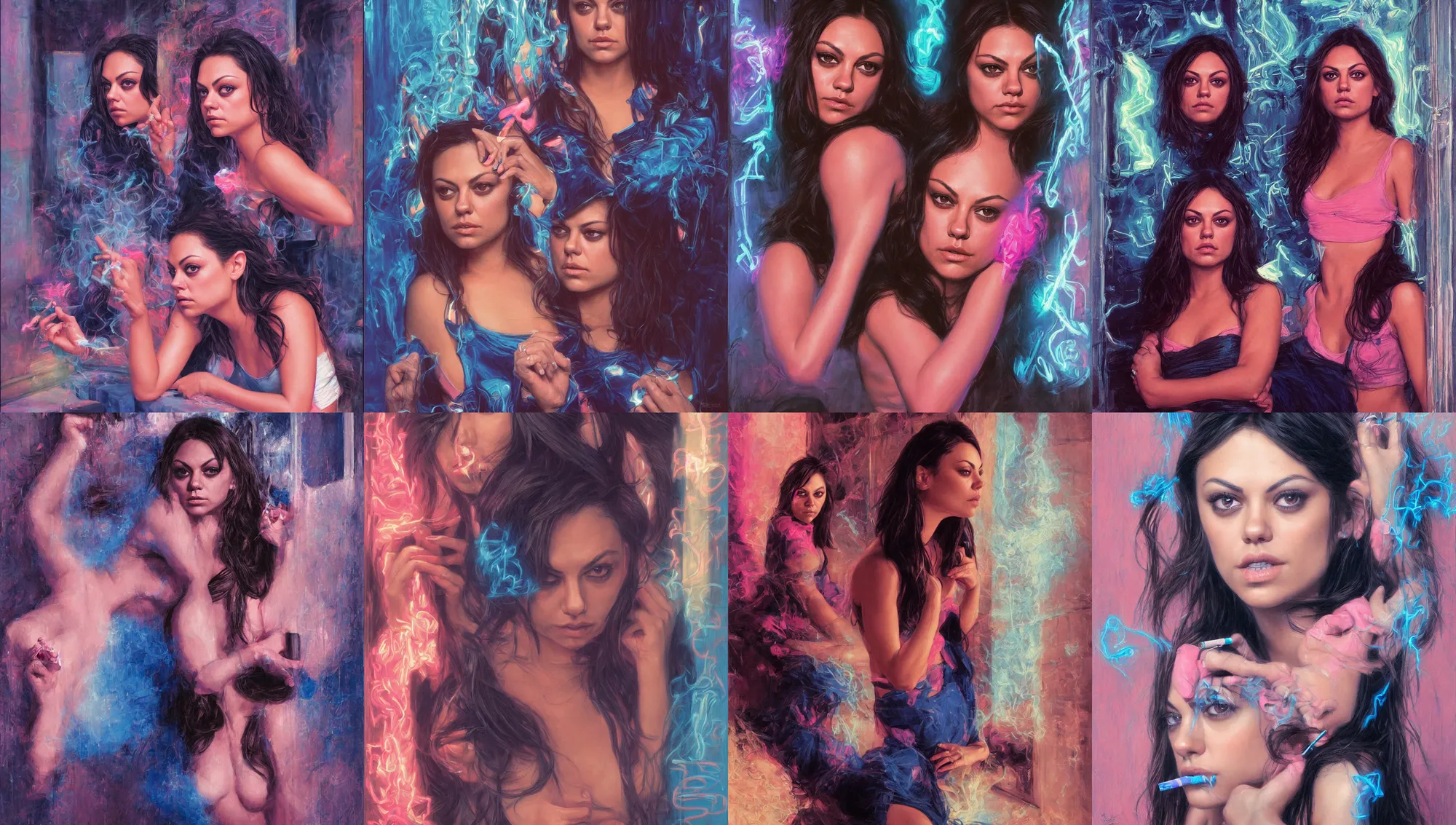 Image similar to portrait mila kunis looking into the camera leaning back against a wall smoking a cigarette, blue and pink neon lit entrance, 1 9 8 0 s, intricate, moody, tasteful, intimate, highly detailed, short focus depth, artgerm, donato giancola, joseph christian leyendecker