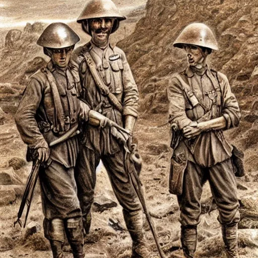 Image similar to ultra detailed photorealistic sepia - toned painting from 1 9 1 7, three british soldiers standing at an archaeological dig site in wadi rum, ultra realistic, painted, intricate details, lovecraft, atmospheric, dark, horror, brooding, highly detailed, by clyde caldwell