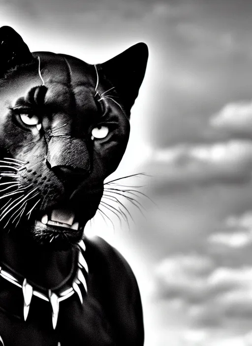 Image similar to black panther black and white portrait white sky in background