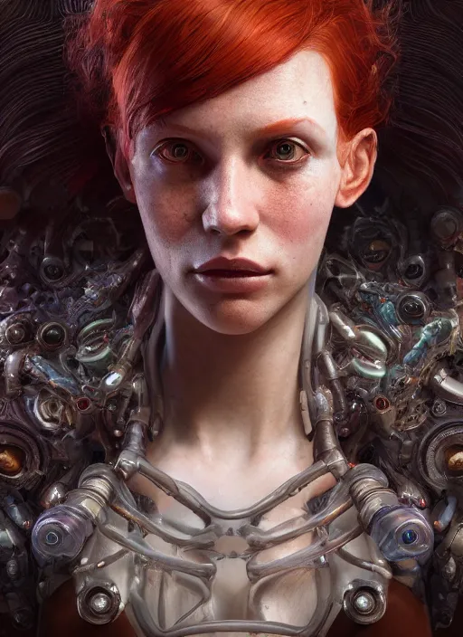 Image similar to biopunk lovecraft portrait of redhead, au naturel, hyper detailed, digital art, trending in artstation, cinematic lighting, studio quality, smooth render, unreal engine 5 rendered, octane rendered, art style by klimt and nixeu and ian sprigger and wlop and krenz cushart.