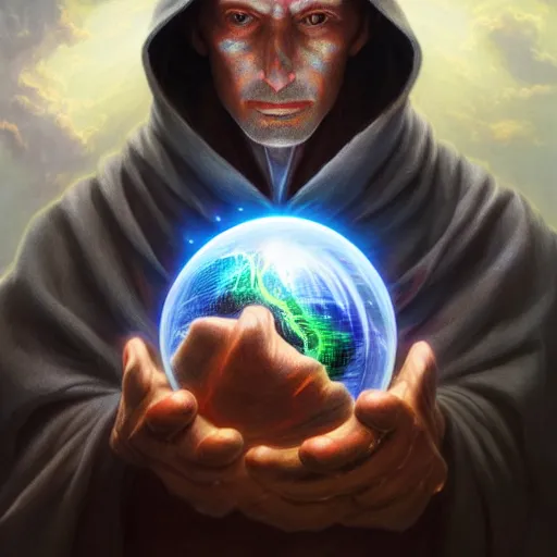 Image similar to the creator of worlds wearing a cloak and holding a holographic planet projection in his hand, detailed, sci - fi, digital painting, artstation, sharp focus, illustration, ominous, artgerm, tomasz alen kopera, peter mohrbacher, donato giancola, joseph christian leyendecker, wlop, frank frazetta