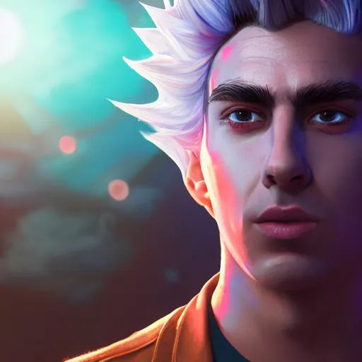 Prompt: portrait art of rick sanchez, spikey hair, white lab coat, lens flare, atmosphere, glow, detailed, intricate, full of colour, cinematic lighting, trending on artstation, 4 k, hyperrealistic, focused, extreme details, unreal engine 5, cinematic, masterpiece