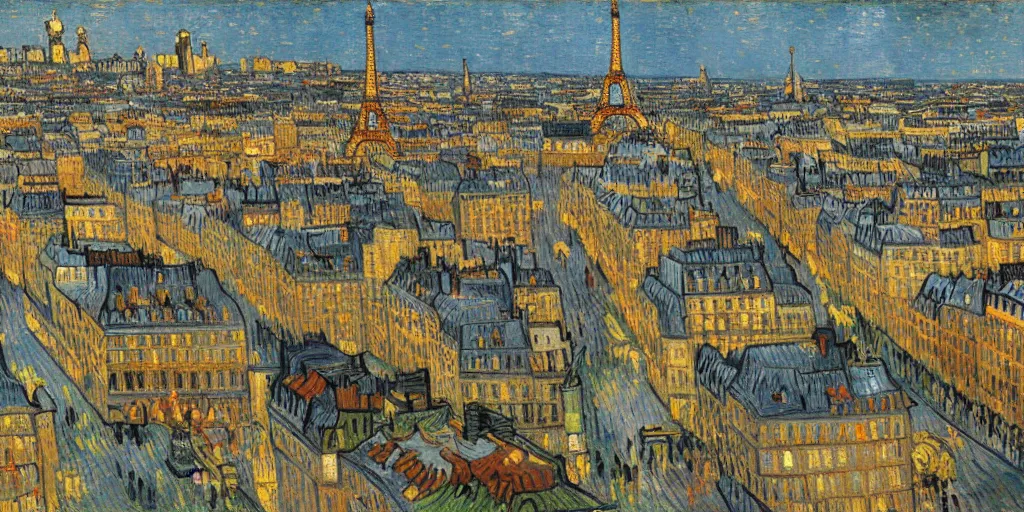 Image similar to highly detailed painting of Paris 1888 by van gogh, vivid colors, trending on artstation, 8K, ultra wide angle, pincushion lens effect