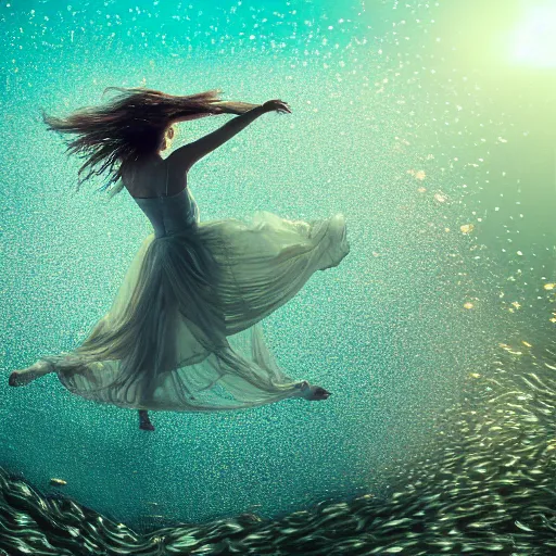 Prompt: woman dancing underwater wearing a long flowing dress made of many layers of gold and silver wire, coral sea bottom, swirling schools of silver fish, swirling smoke shapes, octane render, caustics lighting from above, cinematic, hyperdetailed