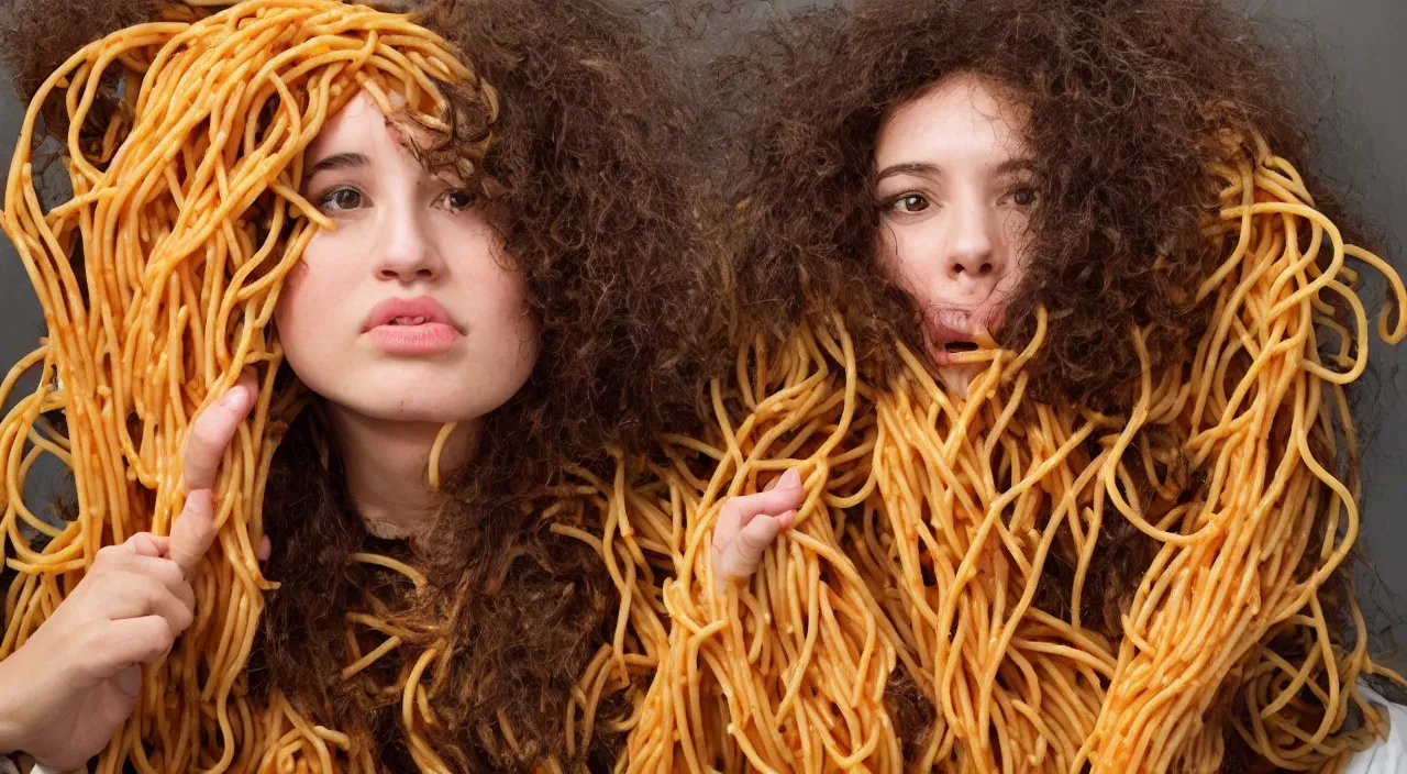 Image similar to a friendly girl who is secretly a pile of spaghetti