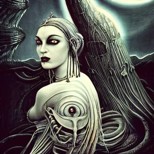 Prompt: a freaky goddess with a dark moon in the far distance behind her by H.R Giger, Ultra High Quality, beautiful, eerie, outstanding, trending on artstation, 8k, 3d render, octane render, intricately detailed artwork, full 8k high quality resolution, recently just found unknown masterpiece