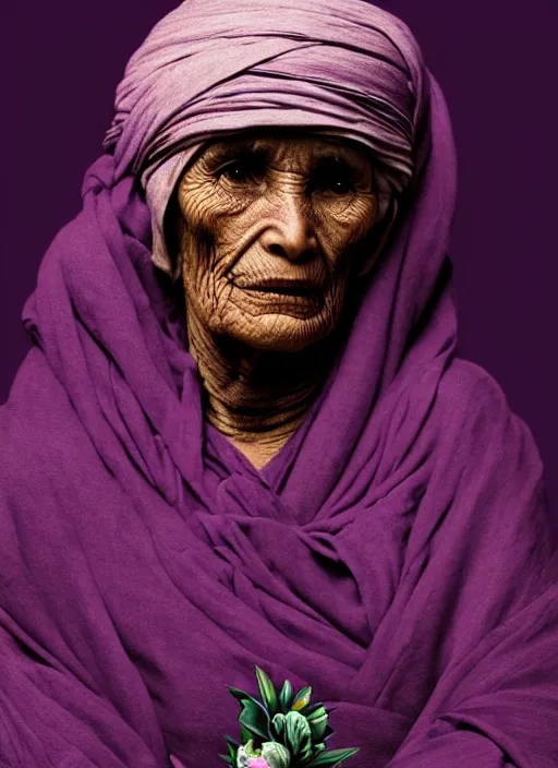 Prompt: portrait of a old woman, tuareg, nomads, many peonies, vultures, dark background, purple colour scheme, full length, masterpiece, dark background, art by caravaggio, artstation