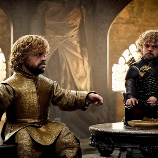 Image similar to cinematic shot of Tyrion Lannister sitting on the Iron Throne with a golden dragon sitting beside him