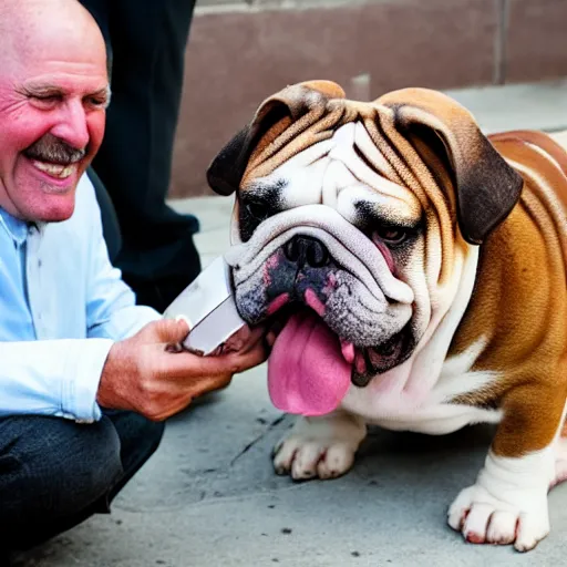 Prompt: Buddy the graying middle aged homeless man holding an xbox controller next to a crowned royalty english bulldog, photo by Wes Anderson