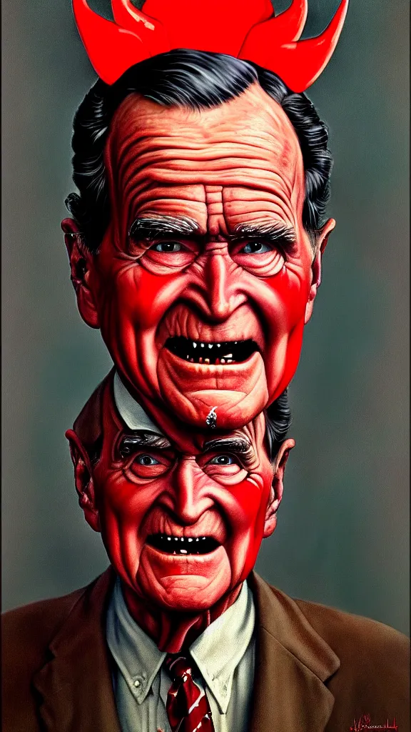 Image similar to demonic george hw bush with red horns, painting in the style of norman rockwell, 1 9 5 0 s, evil, satan, devil, demonic, demon, hyperrealistic, photorealistic, award - winning, 4 k, ultra hd, artstation, intricate, highly detailed, american, usa, dark, gritty