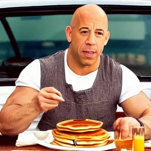 Image similar to movie still of vin diesel eating waffles and pancakes breakfast in a car