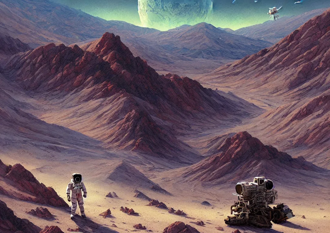 Prompt: an astronaut exploring death valley, ruins of ancient civilization are visible, ultra high definition, ultra detailed, symmetry, sci - fi, studio ghibli color scheme, by greg rutkowski and ross tran