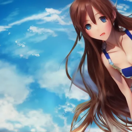 Image similar to seen from above : a giant macro very beautiful young yuuki asuna, full body, long wavy hair, sky blue eyes, full round face, bikini, miniskirt, laying on a miniature crowd, cinematic wallpaper by stanley artgerm lau