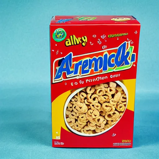 Image similar to A cereal box from a alternate alien dimension, product photo