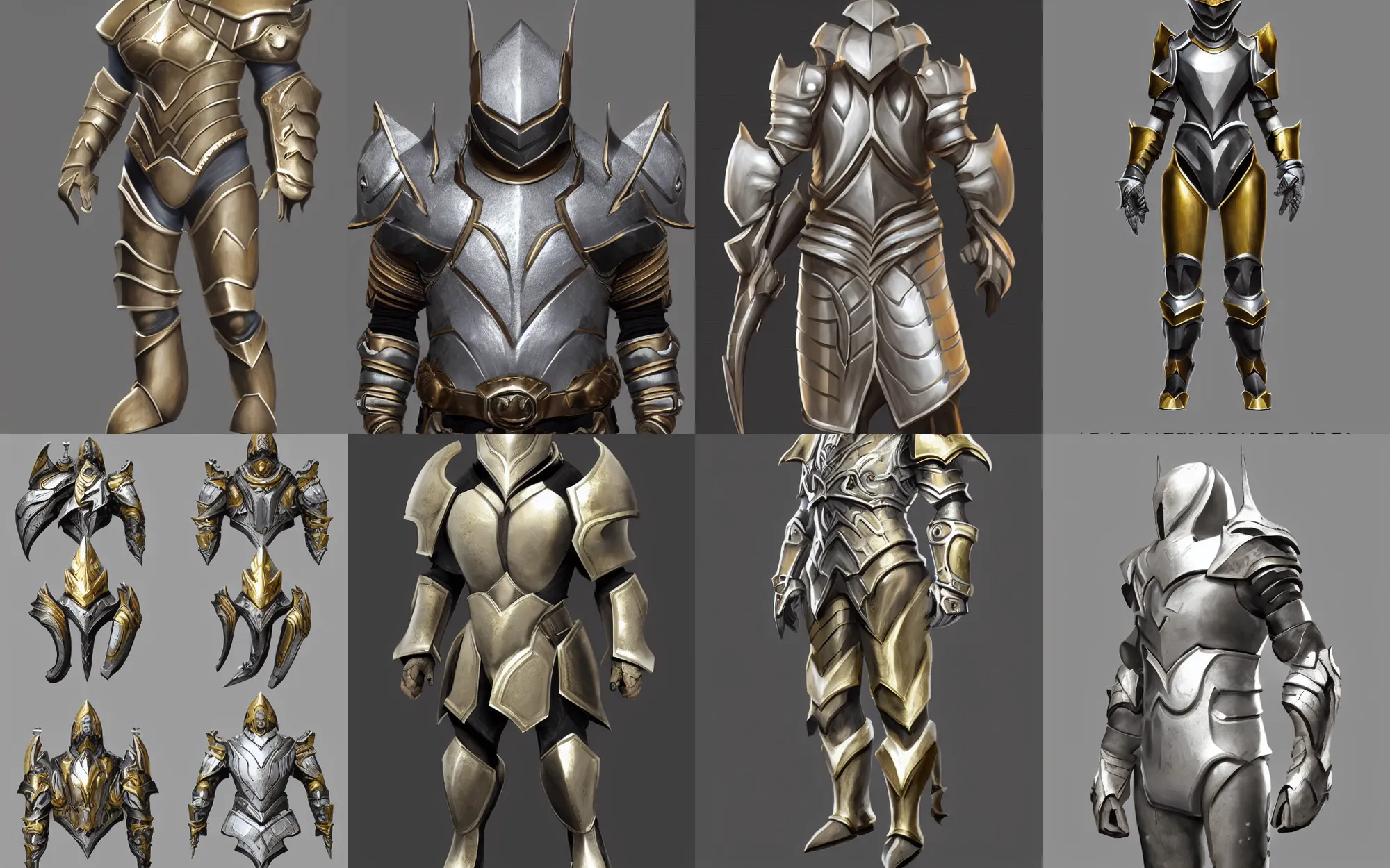 Prompt: sleek heavy fantasy armor, trending on artstation, silver, gold trim, character art, very smooth flat shading, extremely clean, uncluttered, high-quality