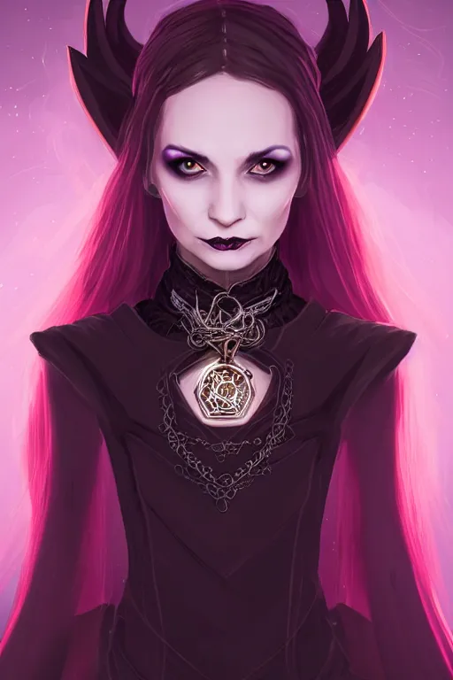 Image similar to portrait of a gorgeous female warlock, looking at camera, D&D, choker on neck, stylish dark dress, arcane symbols, mouth slightly open, very long flowing hair, intricate, elegant, stylish, cute slightly nerdy smile, fantasy, extremely detailed, digital painting, artstation, concept art, smooth, sharp focus, illustration, stunning lighting, art by artgerm and greg rutkowski and alphonse mucha and simon stalenhag