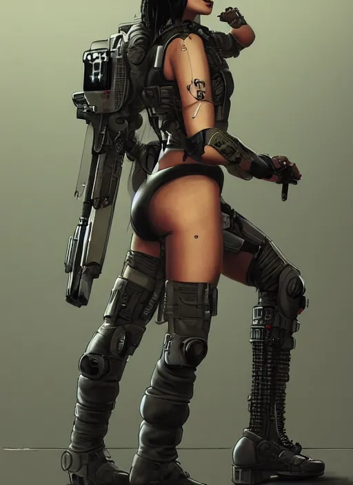 Image similar to nikki tanaka. cyberpunk mercenary in tactical harness and jumpsuit. dystopian. portrait by stonehouse and mœbius and will eisner and gil elvgren and pixar. realistic proportions. cyberpunk 2 0 7 7, apex, blade runner 2 0 4 9 concept art. cel shading. attractive face. thick lines. moody industrial landscape.