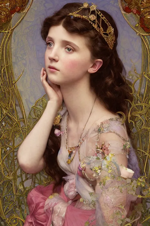 Image similar to a beautiful painting of a blushing princess in a tiara and an iridescent art nouveau gown resembling millie bobby brown watching the lantern festival in ancient london, intricate, elegant, highly detailed, digital painting, artstation, concept art, by krenz cushart and artem demura and william adolph bouguereau and alphonse mucha