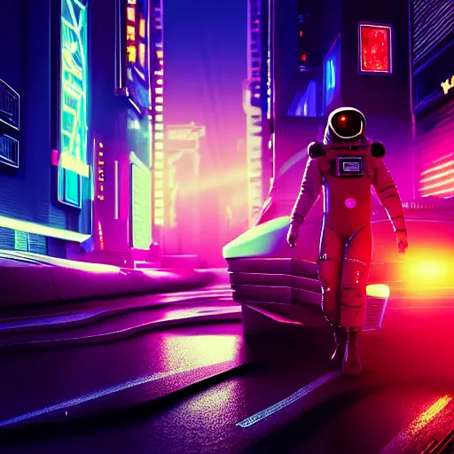 Image similar to professional photo of astronaut on cyberpunk street, synthwave, blade runner, hyperrealistic masterpiece, trending on artstation, cgsociety, kodakchrome, golden ratio, cinematic, composition, beautiful lighting, hyper detailed, sharp focus, octane render, 4 k, unreal engine