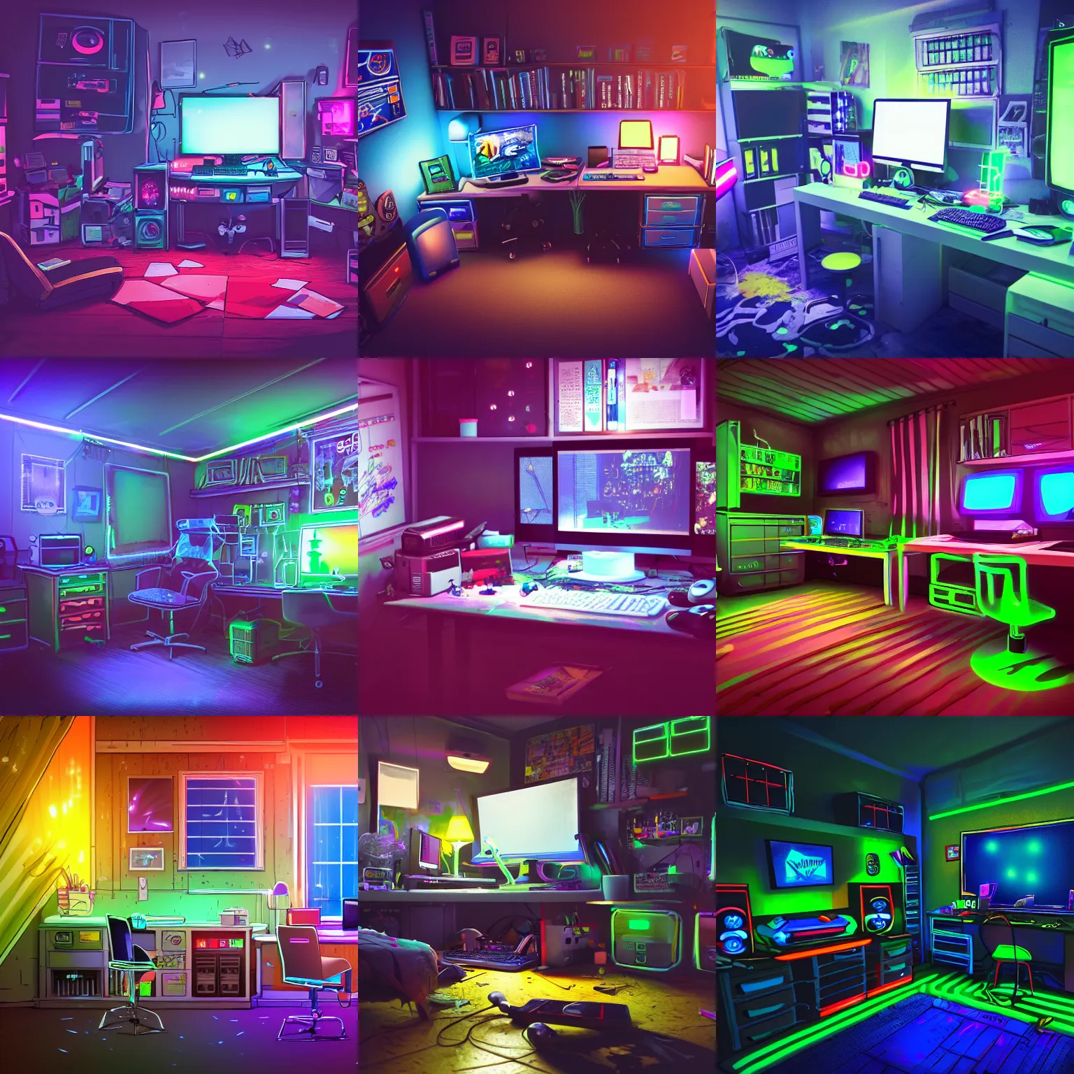 Prompt: the inside of a messy gamer's room, computer is on, neon glowing, nightime, 4 k, photorealistic