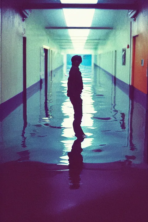 Prompt: agfa vista 4 0 0 photograph of a guy standing in a school hallway flooded with water, synth vibe, vaporwave colors, lens flare, moody lighting, moody vibe, telephoto, 9 0 s vibe, blurry background, grain, tranquil, calm, faded!,