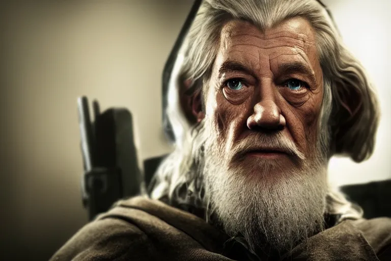 Prompt: gandalf intensely focused playing Call of Duty on the xbox, sitting in a gamers chair, close up of face, high details, wrinkles, reflection in his eyes, shadows, low angle photograph, blue light from monitor, dark room, cold colors, photo by annie leibovitz