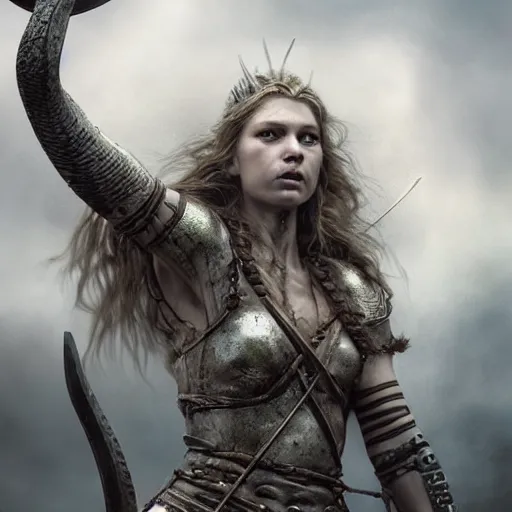 Prompt: Ultrawide realistic photo of a majestic fierce viking woman, leading a battle, mind-blowing details, ethereal, ominous, scarred, highly detailed, viking attire, cinematic, 16k, 1080s, smooth, sharp focus, by Stanley Artgermm, Tom Bagshaw, Greg Rutkowski, Vincent di Fate, Carne Griffiths, Ayami Kojima, trending on DeviantArt, hyper detailed, full of color, digital art, Vibrant colors, Smooth gradients, High contrast, depth of field, shot on Canon Camera