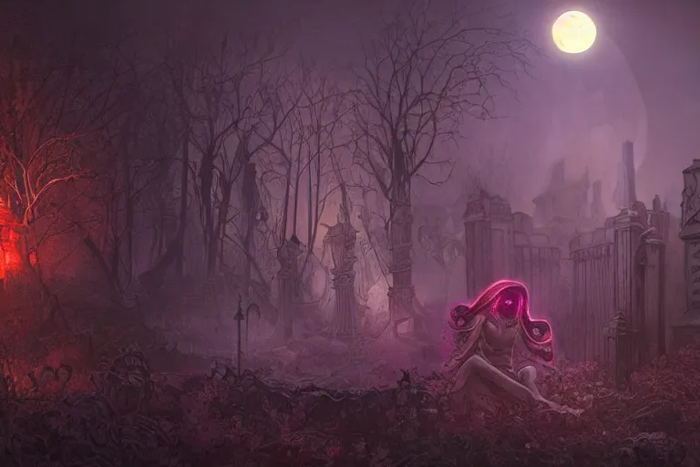 Prompt: an ultra detailed animation of a glowing ghoul in a graveyard at midnight on halloween, digital art, dark fantasy, concept art, soulslike, by alphonse mucha, blood moon eclipse, ruined building in the background, artstation, 8 k, unreal engine render