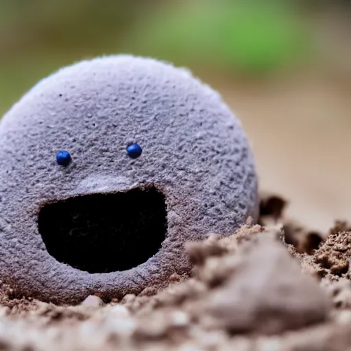 Image similar to photo of a small round creature made of dirt with round blue eyes and a round clown nose and a cute smile