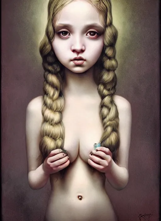 Image similar to pop surrealism, hyper realism, muted colors seductive female venus, cute girl, long hair, art by mark ryden, trevor brown