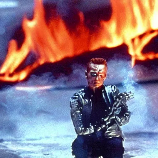 Prompt: Liquid metal T-1000 emerging from a burning fire, movie still from Terminator 2: Judgement Day