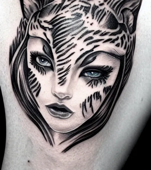 Image similar to tattoo design of a beautiful girl warrior under a tiger head, hyper realistic, realism tattoo, by eliot kohek, beautiful eyes, realistic face, black and white, white background