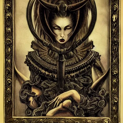 Prompt: gorgeous gothic portrait of a demon woman, intricate detail and composition, highly symmetric