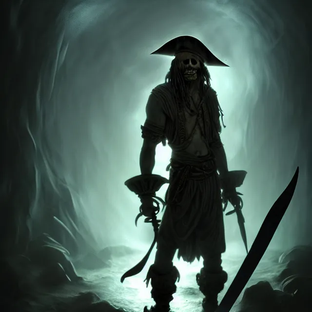 Image similar to photo of a ghostly pirate head and torso, holding a sword and standing in a grotto, photorealistic, dark, atmospheric lighting, painted, intricate, ultra detailed, well composed, best on artstation, cgsociety, epic, stunning, gorgeous, intricate detail, wow, masterpiece