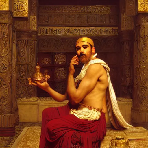 Image similar to orientalist portrait of a sage wearing a golden mask casting a glowing lightning magic spell in a sandstone temple intricate portrait by john william waterhouse and Edwin Longsden Long and Theodore Ralli and William-Adolphe Bouguereau, very coherent symmetrical artwork. Cinematic, hyper realism, high detail 8k