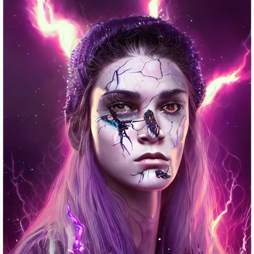 Image similar to detailed photo portrait of a furious teen girl with thin, hair-like purple tentacles on her head and bright purple eyes, 8k,by tristan eaton, Stanley Artgermm,Tom Bagshaw,Greg Rutkowski,Carne Griffiths,trending on DeviantArt, face enhance,hyper detailed ,full of colour, dramatic lightning