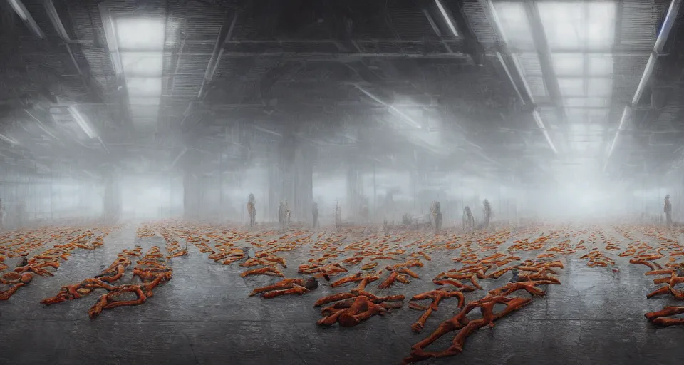 Image similar to illustration of rows of limp human bodies on display in a cold warehouse, refrigerated storage facility, rolling fog, greg rutkowski, cyberpunk, dystopian, dramatic lighting, unreal engine 5, colorful