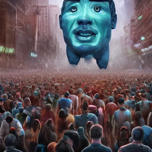 Image similar to landscape of crowd running away scared from a giant with bitcoin face, artstation, highly detailed, hyper-realistic, 8k