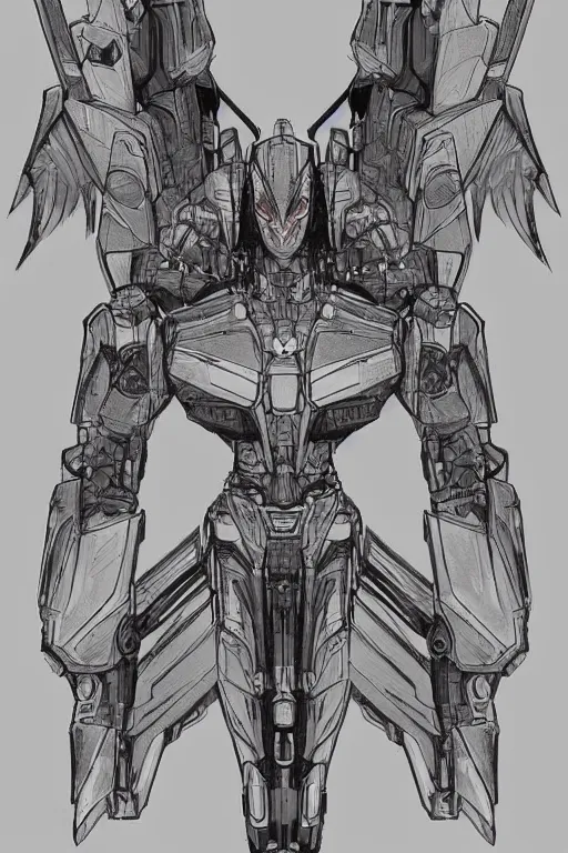 Prompt: very symmetrical!! full body illustrations of mecha, pen and ink, moderately detailed, concept art, wings, cyborg feathers, spread, cyborg wing, artstation, deviantart, pinterest