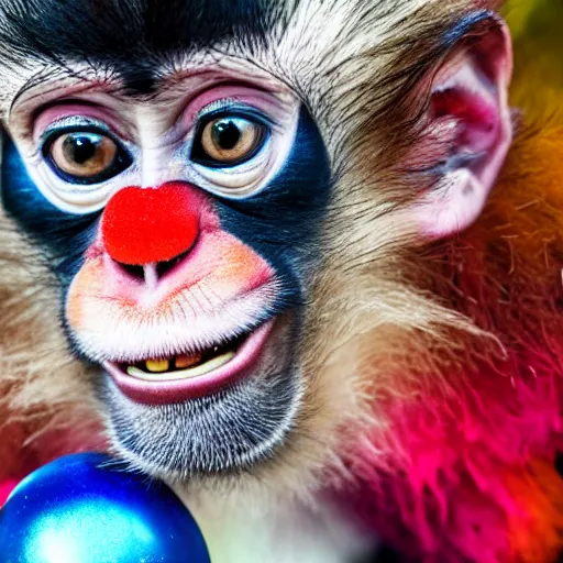 Prompt: a photo of a monkey with clown paint, sidelit