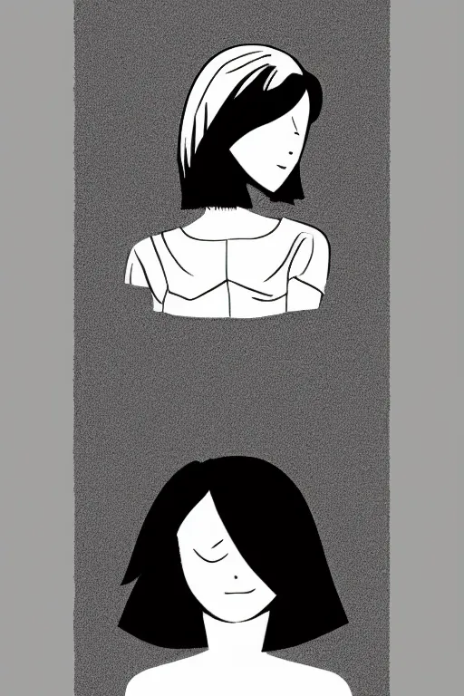 Image similar to portrait of a girl in long pants and a top, hands in pockets, eyes closed, bob haircut, digital art, black and white, simple, manga style