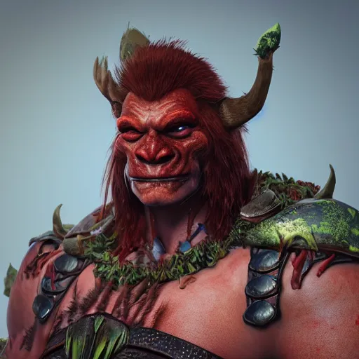 Image similar to beautiful redhead orc with warrior outfit, clash royal style characters, unreal engine 5, octane render, detailed, cinematografic, cinema 4 d